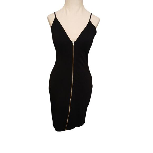 Haute Monde Dress Gold Zip Front Bodycon Size M Black V-Neck Spaghetti Straps - Picture 2 of 16